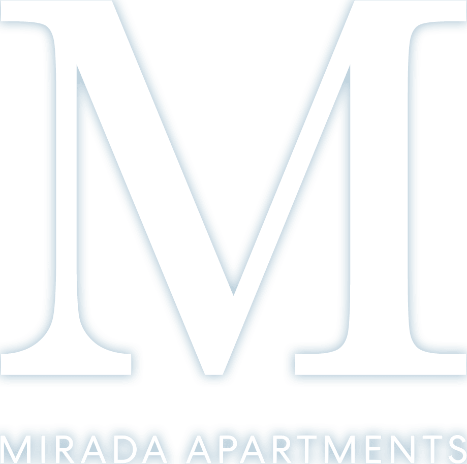 the apartments logo is blue and white